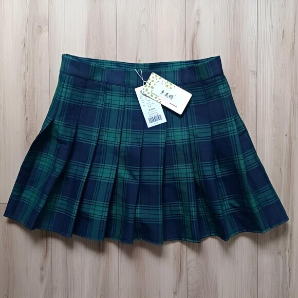 Plaid Pleated Mini Skirt/Skort Blue Green School Girl S NWT - Picture 1 of 8